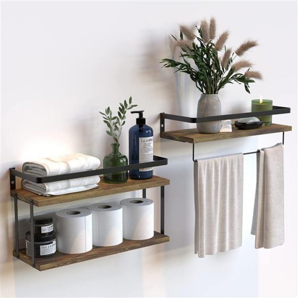 2+1 Wall Mounted Floating Shelves Set of Rustic Wood Wall Shelf with Metal Frame